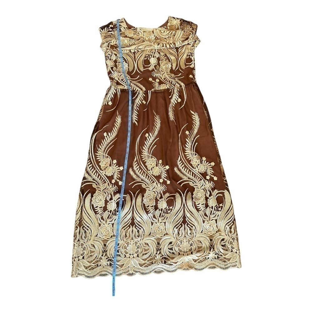 Custom Made Lace Tan & Gold Floral Dress Sun Goddess Cottagecore Apprx Sz L/XL - Picture 8 of 8